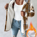 Plaid Pattern Long Sleeve Shacket Button Down Fleece Lined Hooded Jackets Warm Coat