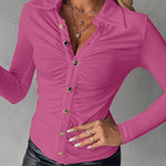 Long Sleeve Button Down Shirt Collar Neck Ruched Fitted Top