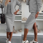 2 Pieces Outfit U-Neck Slit Back Slim Fit Knit Tank Dress and Pearl Button Front Baseball Coat Casual Ribbed Set