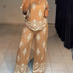 Women's Vintage Print 2 Piece Outfits V Neck Drawstring Ruched Top and Wide Leg Pants Set Casual Loose Loungewear