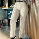 Zipper Fly High Waist Straight Leg Work Trousers Casual Elastic Back Waist Seam Front Business Pants