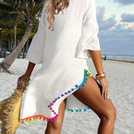 Women's V Neck Beach Cover Up Pom Pom Trim Side Slit Sheer Caftan Causal Three Quarters Sleeve Swimwear