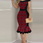 Women's Houndstooth Colorblock Off Shoulder Ruffle Hem Bodycon Dress
