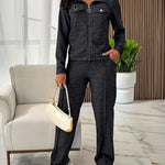 Women's Casual Tracksuit Set Zip Up Long Sleeve Lapel Jacket and High Waisted Straight Leg Pants Lounge Set with Pockets