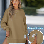 Letter Patch Detail Long Sleeve Drop Shoulder Pullover Sweatshirt Casual Zipper Side Slit Top
