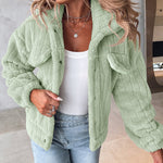 Textured Striped Turn-down Collar Button Front Elastic Cuff and Hem Teddy Fleece Jacket With Decorative Flap Pockets