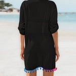 Turn-down Collar Roll Up Sleeve Tassel Hem Pompom Side Slit Straight Dress Casaul Dress
