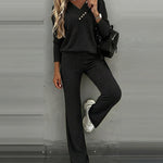 2 Pieces Outfit Button Decor V-Neck Long Sleeve Top and Elastic Waist Straight Leg Pants Set Casual Ribbed Set