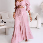 Sweetheart Neck Puff Sleeve Drawstring Front Shirred Overalls Casual Cutout Front Ruffle Hem Wide Leg Jumpsuit