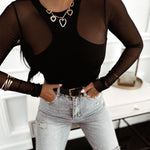Sheer Mesh Spliced Long Sleeve Slim Fit Sexy Top
