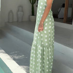 Women's Polka Dot Maxi Dress Casual Sleeveless Lace up Back Vacation Dress Elegant Ruffle Hem Loose A Line Long Sundress
