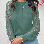 Contrast Lace Round Neck Lantern Sleeve Ruched Blouse Elegant Shirt