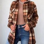 Women's Plaid Long Sleeve Button Down Brushed Shacket Casual Turn-down Collar Coat