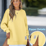 Letter Patch Detail Long Sleeve Drop Shoulder Pullover Sweatshirt Casual Zipper Side Slit Top