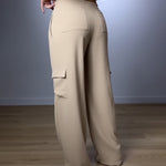 High Waist Drawstring Pleated Front Wide Leg Trousers Casual Flap Pockets Design Cargo Pants