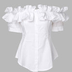 Ruffles Off Shoulder Short Sleeve Button Front Blouse Asymmetrical Hem Top