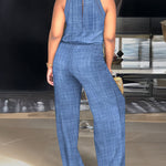 Women's Halter Jumpsuit Lace Trim Backless Overalls Tied Detail Wide Leg Jumpsuit with Pockets