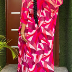 Women's Colorblock Geometric Print 2 Piece Set Batwing Sleeve V Neck Slit Longline Kaftan Top and Wide Leg Pants Set