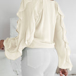 V Neck Shoulder Ruffles Design Blouse Casual Button Front Long Sleeve Top