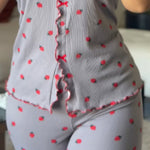 2 Pieces Outfit Strawberry Print Stand Collar Short Sleeve T-shirt and Pants Pajamas Set