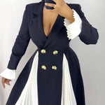 Colorblock Pleated Spliced Notched Collar Pleated Flared Cuff Double Breasted Blazer Dress Elegant Cinched Waist Flared Hem Commuting Dress