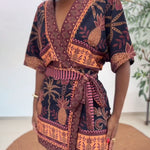 Women's Tropical Print Romper V Neck Wrap Knot Side Jumpsuit Half Sleeve Beach Vacation Summer Skorts Romper
