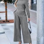 Women's 2 Piece Outfit Off Shoulder Ruched Asymmetrical Top and Wide Leg Pants Set Casual Loungewear