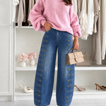 Women's Barrel Jeans High Waisted Side Button Denim Pants Distressed Washed Baggy Trousers Retro Y2K Streetwear
