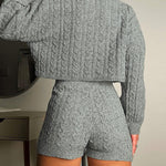 2 Piece Crewneck Long Sleeve Cable Knit Crop Sweater High Waist Shorts Tracksuits Outfits