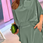 2 Pieces Outfit Stand Collar Batwing Sleeve Tie Back Top and High Waist Elastic Back Waist Skirt Set Elegant Satin Commuting Set