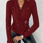 Rhinestone V-Neck Skinny Sweater Front Buckle Ruched Casual Top