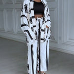 2 Pieces Outfit Open Front Long Sleeve Coat and Drawstring Elastic Waist Wide Leg Pants Set Casual Vintage Baroque Print Loose Fit Set without Tank Top