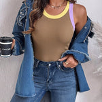 Women's Contrast Trim Ribbed Tank Top Slim Fit Sleeveless Round Neck Basic Camisole for Streetwear & Layering