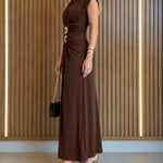 Women's Boat Neck Ruched Maxi Dress Gold Buckle Cap Sleeve Formal Evening Gown