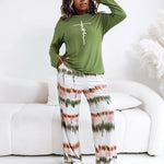 2 Pieces Outfit Letter Print Long Sleeve Top and Tie Dye Print Elastic Waist Pants Set Casual Pajamas Set