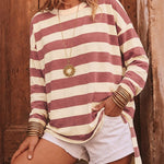 Women's Striped T Shirt Long Sleeve Drop Shoulder Crewneck Tee Side Slit Casual Loose Fit Top
