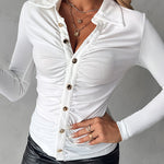 Long Sleeve Button Down Shirt Collar Neck Ruched Fitted Top