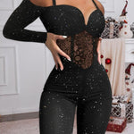Glitter Cold Shoulder Adjustable Spaghetti Straps Lace Spliced Overalls Slim Fit Zipper Back Corset Jumpsuit