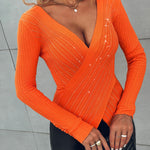 Rhinestone Decor Overlap V Neck Long Sleeve Knit Sweater Asymmetrical Hem Slim Fit Textured Pullover Top