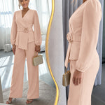 Women's 2 Piece Outfits Blazer Set Wrap V Neck Lantern Sleeve Top and High Waisted Straight Pants with Belt