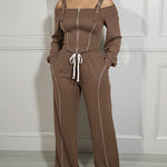 2 Pieces Outfit Trendy Long Sleeve Cold Shoulder Top and Drawstring Waist Pants with Pockets