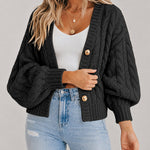 Women's Cable Knit Cardigan V Neck Button Down Chunky Knit Sweater Loose Lantern Sleeve Warm Outerwear