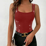 Rhinestone Decor Square Neck Thick Strap Backless Slim Fit Tank Top