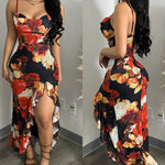 Women's Floral Print Mesh Dress Ruffle Hem High Slit Mermaid Cami Dress Sexy Sleeveless Bodycon Party Dress