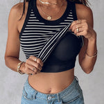 Women's Striped Tank Top Slim Fit Ribbed Racerback Sleeveless Tee with Built-in Bra