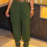 Women's Pockets Design Cargo Pants Casual High Waisted Trousers with Contrast Belt