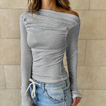 Skew Neck Long Sleeve Ruched Tee Casual Slim Fit Top with Thumb Hole Cuffs