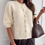Women's Boucle Knit Cardigan Gold Beaded Puff Sleeve Sweater Crewneck Button Up Elegant Crop Outerwear