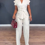 Women's 2 Piece Outfits V Neck Twist Front Slit Top and High Waisted Straight Leg Pants Set Commute Business Casual Suit