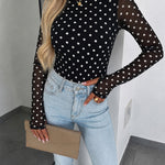 Women's Mesh Polka Dot Top Lined Sheer Long Sleeve Tee Crewneck Slim Fit Layering Under Base Top with Thumbholes